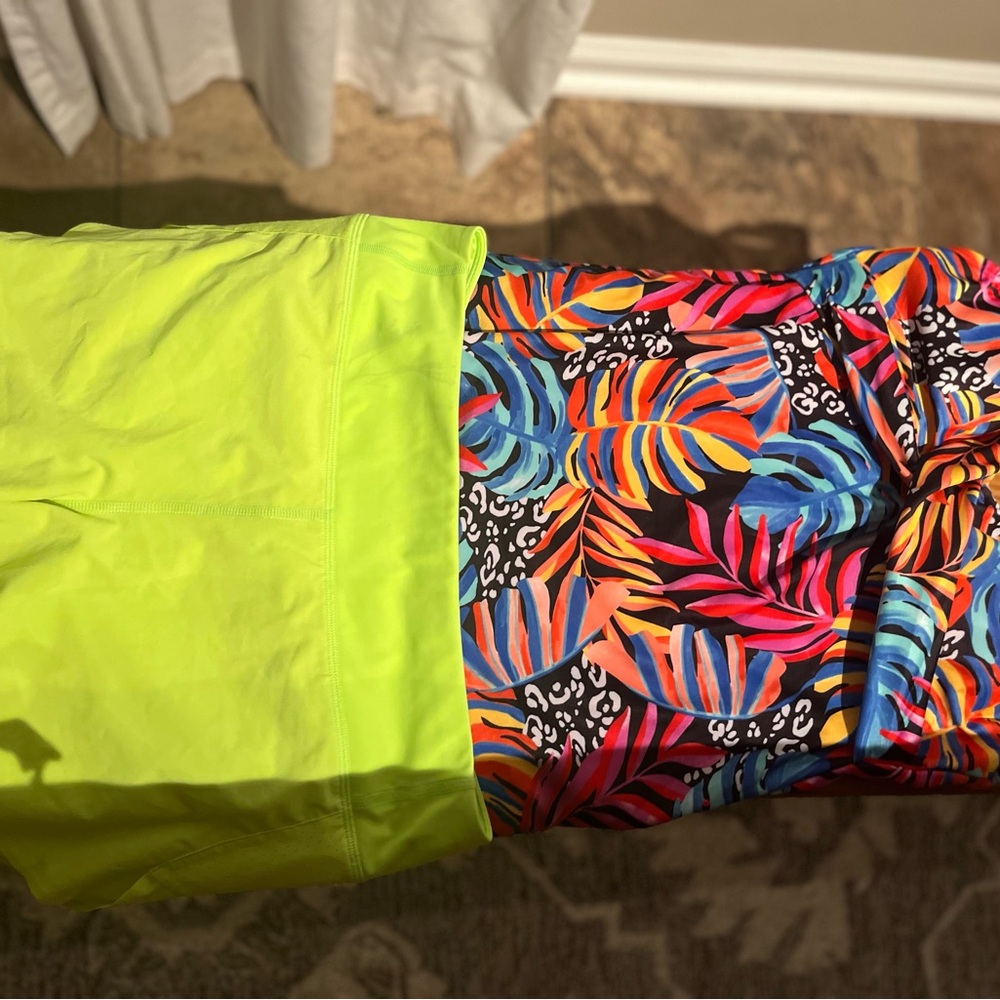 Vibrant Tropical Print bathing suit Skirt with Neon Yellow tankini.